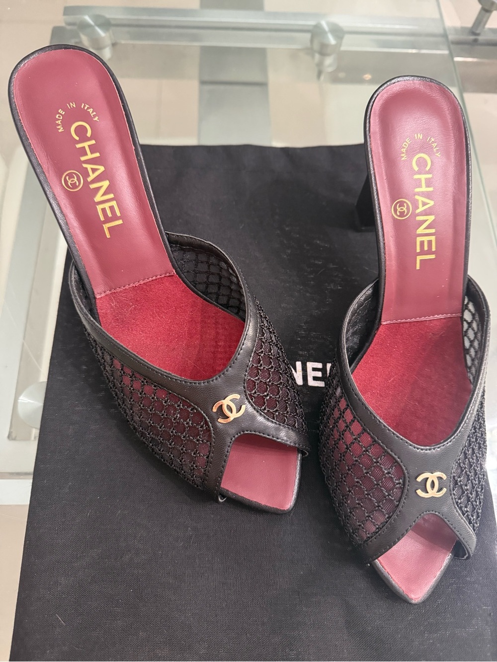 CHANEL Black Mesh Open-Toe Mules with Burgundy Insole and Gold CC